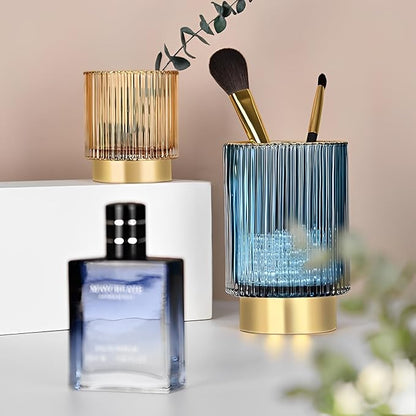 Makeup Brush Holder Organizer, Heavy Crystal Glass Brush Storage Holder, Vintage Cosmetic Make Up Bathroom Brushes Cup Pen Pencil Toothbrush Holder Striped Vase (S+L (blue))