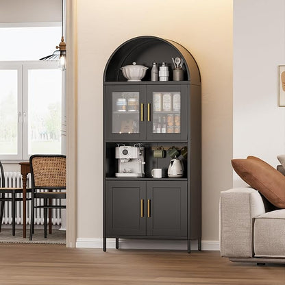 Metal Arched Pantry Cabinet,Black Arched Kitchen Pantry Cabinet with 4 Doors for Kitchen Home, Assemble Required,Black,72.83"×30.71" W×15.35" D