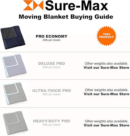 Sure-Max 12 Moving & Packing Blankets - Pro Economy - 80" x 72" (35 lb/dz weight) - Quilted Shipping Furniture Pads Navy Blue and Black