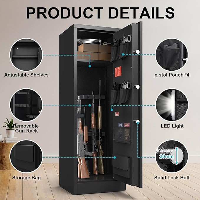 10-12 Gun Safe for Rifles and Pistols, Rifle Safes for Home, Digital Locking Gun Cabinet, Shotgun Safe with Dual Alarm System, Large Rifle Cabinet with Removable Shelf