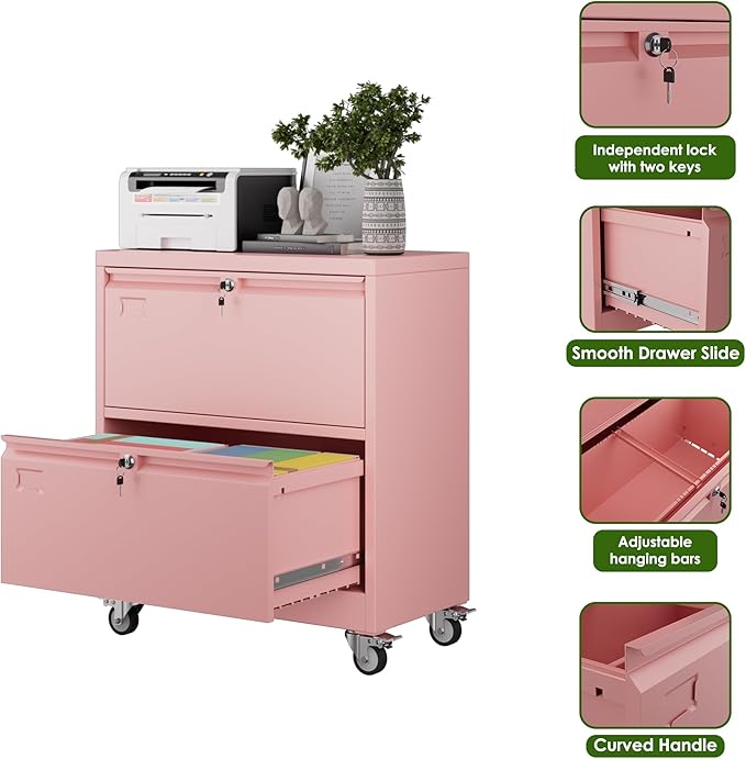 Aobabo Lateral File Cabinet 2 Drawer with Wheels, Lockable Metal Filing Cabinet for Home Office, Legal/Letter Size,Pink,Required Assembled,15.87" D x 28.94" W x 34" H