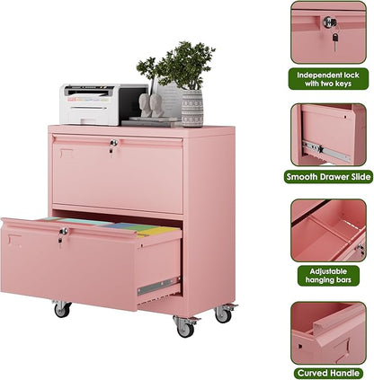 Aobabo Lateral File Cabinet 2 Drawer with Wheels, Lockable Metal Filing Cabinet for Home Office, Legal/Letter Size,Pink,Required Assembled,15.87" D x 28.94" W x 34" H