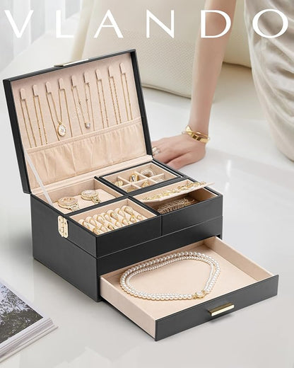 Vlando 3 Layer Jewelry Box - Women Jewelry Box with Retractable Tray - Jewelry Organizers with Drawer for Necklaces, Rings, Bracelets, Earrings, Gift for Couples Mom Girls - Black