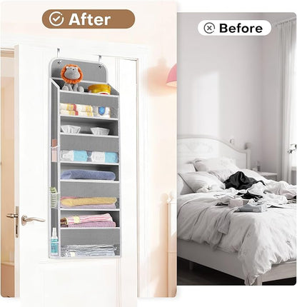SpaceWhisper Over the Door Organizer, 4 Large Pocket Hanging Storage Organizer with 40lb Capacity, Space Saving for Nursery, Bathroom, Bedroom, Closet - Baby Essentials & Toiletry Organizer (Grey)