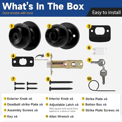 6 Pack Keyed Entry Door Knob with Lock and Key, Exterior and Interior Door Knob for Bedroom or Bathroom, Matte Black, Not Keyed Alike