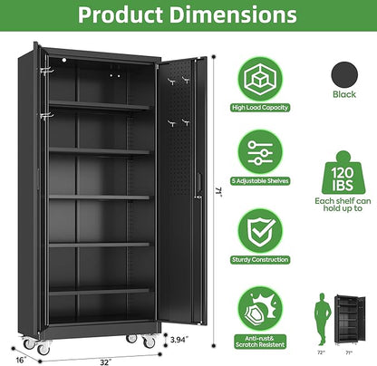 Garage Storage Cabinet with Wheels and Pegboard, 71" H x 32" W x 16" D Lockable Metal Storage Cabinet with 5 Adjustable Shelves and 2 Doors for Garage Home, Assembly Required, Black
