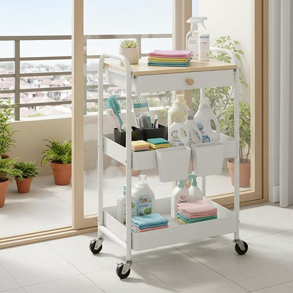danpinera 3 Tier Rolling Cart with Wooden Table Top, White Rolling Utility Cart with Drawer & Locked Wheels, Easy Assembly for Nursery, Living Room, Studio