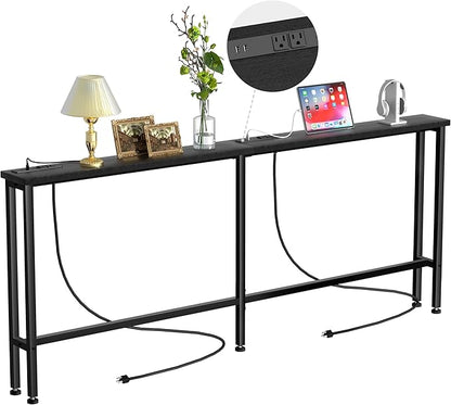 90" Narrow Sofa Table - 2 Power Outlets & 4 USB Ports, Metal Frame,Perfect for Hallway, Office, and Behind Sofa - Easy Assembly, 4.9ft Extension Cord Included Black