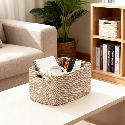 5 Pack Woven Storage Baskets for Shelves, Decorative Basket Organizer Storage Bins for Toys, Books, Clothes, Closet, Nursery, Bathroom – Cotton Rope Shelf Baskets for Organizing and Decor, Khaki