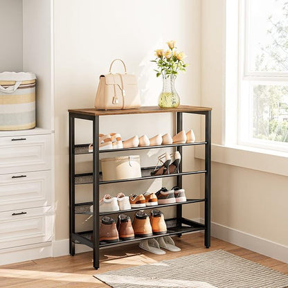 HOOBRO Shoe Rack, 5-Tier Shoe Storage Unit Flat & Slant Adjustable Shoe Organizer Shelf for 16 Pairs, Durable and Stable, for Entryway, Hallway, Closet, Dorm Room, Industrial, Rustic Brown BF01XJ01