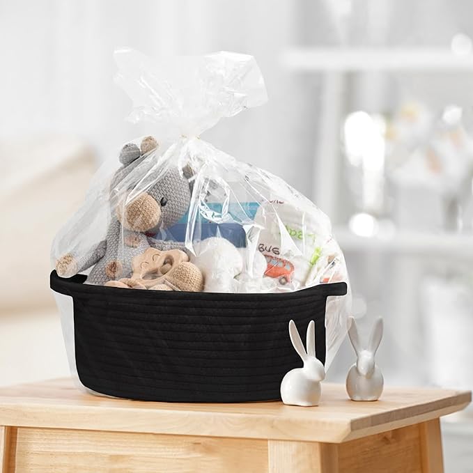 Small Woven Gift Basket, Baskets for Gifts Empty, Cotton Rope Cat Dog Toy Bin Box, Nursery Baby Organizer, Wicker Easter Basket with Handle, Shelf Storage Bin for Decor, Black, 12"x 8"x 5"