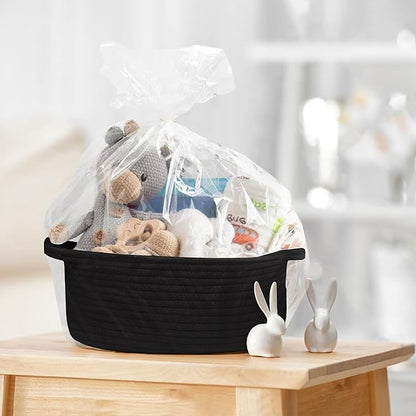 Small Woven Gift Basket, Baskets for Gifts Empty, Cotton Rope Cat Dog Toy Bin Box, Nursery Baby Organizer, Wicker Easter Basket with Handle, Shelf Storage Bin for Decor, Black, 12"x 8"x 5"