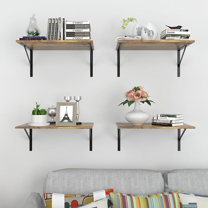 Deep Floating Wall Shelves - 4 Sets of 12 Inch Wide Rustic Brown Wood Shelves for Bathroom, Bedroom, Kitchen, Living Room