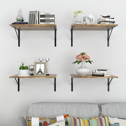 Deep Floating Wall Shelves - 4 Sets of 12 Inch Wide Rustic Brown Wood Shelves for Bathroom, Bedroom, Kitchen, Living Room