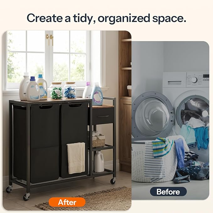 HOOBRO 2 Section Laundry Sorter with Shelf, 24 Gal. (90.8 L) Laundry Hamper with Wheels, Rolling Laundry Basket with Fabric Drawer, 3-Tier Shelves, Side Pockets, Black and Rustic Brown BF27XY01