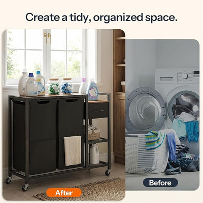 HOOBRO 2 Section Laundry Sorter with Shelf, 24 Gal. (90.8 L) Laundry Hamper with Wheels, Rolling Laundry Basket with Fabric Drawer, 3-Tier Shelves, Side Pockets, Black and Rustic Brown BF27XY01
