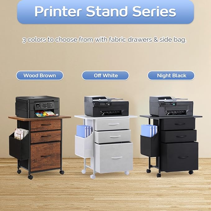 Printer Stand with 3 Fabric Drawer, Mobile File Cabinet for Home Office with Storage Bag, Rolling Under Desk Organizer Shelf, Fits A4 or Letter Size, Complete Top Plate Fast Assembly (Night Black)
