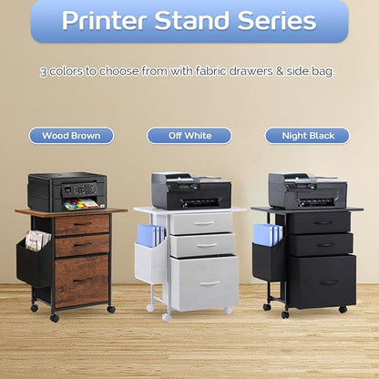 Printer Stand with 3 Fabric Drawer, Mobile File Cabinet for Home Office with Storage Bag, Rolling Under Desk Organizer Shelf, Fits A4 or Letter Size, Complete Top Plate Fast Assembly (White)