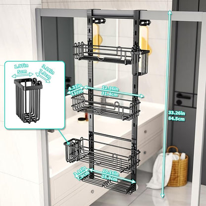 HapiRm 4 Tier Over the Door Shower Caddy, Hanging Shower Caddy with 22 Hooks and 2 Toothbrush Holders, No Drilling Adjustable Hanging Bathroom Organizer - Black