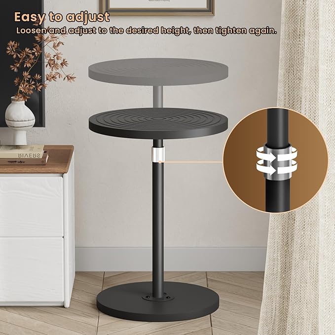 Round Side Table Set of 2, Adjustable-Height Small Drink Table, Pedestal Martini Stand, Weighted Base Cocktail Table Accent Nightstand for Living Room, Bedroom, Bathroom, Office, Black