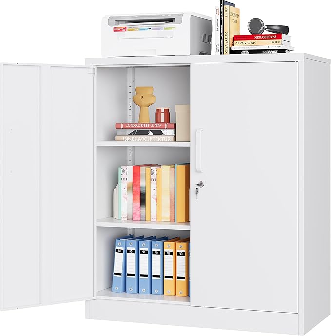 Metal Storage Cabinet with Doors and Adjustable Shelves,Steel Lockable Cabinet for Garage,Office and School Assembly Required(White)