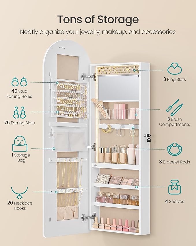 SONGMICS Wide Jewelry Organizer, LED Jewelry Cabinet Wall/Door Mounted, Arched Mirror with Storage, Lockable, Rounded Corner, Interior Mirror, 3.9 x 16.5 x 55.1 Inches, Cloud White UJJC040WB01