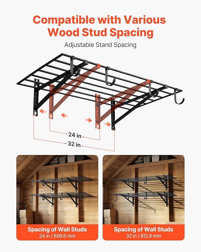 VEVOR 2-Tier Heavy Duty Wall Garage Shelving, 2 x 4 ft Steel Wall Mounted Shelving Unit with Hooks, 24 x 48 Inch Per Shelf Floating Storage Metal Rack for Garage, 520 lbs Total Weight Capacity, Black