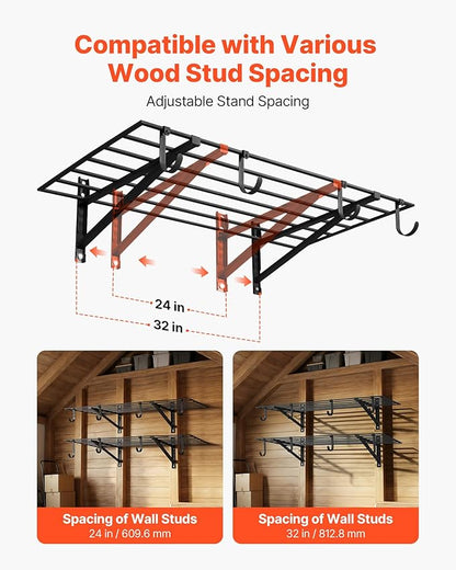 VEVOR 2-Tier Heavy Duty Wall Garage Shelving, 2 x 4 ft Steel Wall Mounted Shelving Unit with Hooks, 24 x 48 Inch Per Shelf Floating Storage Metal Rack for Garage, 520 lbs Total Weight Capacity, Black