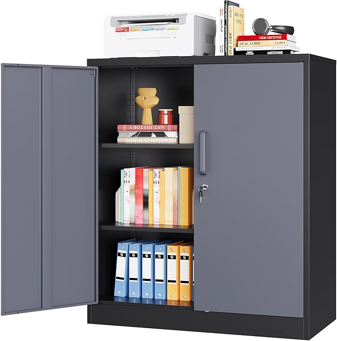 Metal Tool Storage Cabinet with Doors and Adjustable Shelves,Lockable Steel Cabinet for Garage,Home,Office and School Assembly Required(Grey)