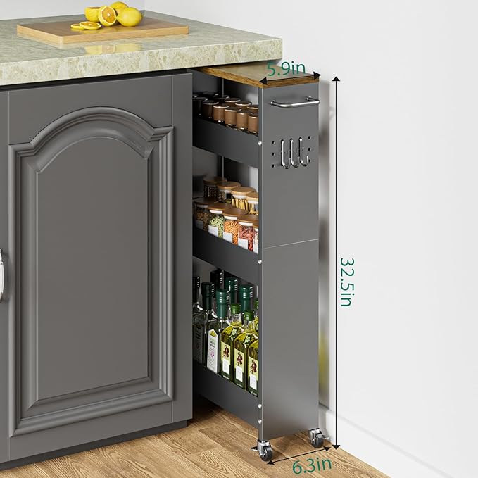 Slim Storage Cart, 4 Tier Rolling Kitchen Cart on Wheels for Small Space, Narrow Laundry Bathroom Organizers Mobile Shelving Unit Metal Utility Cart with Handle, 5.9in Width, Gray