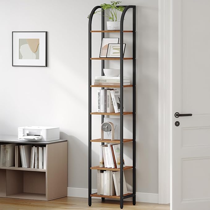 Bookshelf Narrow Bookcase, Tall Storage Rack with Steel Frame, Display Standing Shelf Unit, Skinny Book Shelf for Study Living Room, Home Office, Industrial, 7-Tier Rustic Brown BC57701B