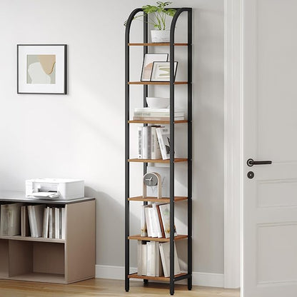 Bookshelf Narrow Bookcase, Tall Storage Rack with Steel Frame, Display Standing Shelf Unit, Skinny Book Shelf for Study Living Room, Home Office, Industrial, 7-Tier Rustic Brown BC57701B