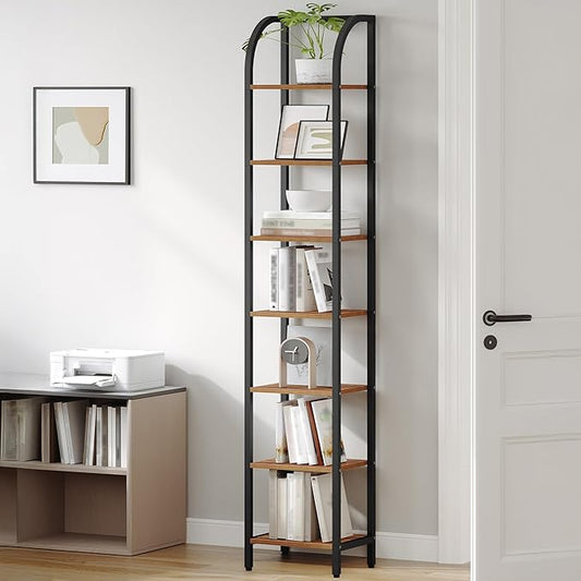 Bookshelf Narrow Bookcase, Tall Storage Rack with Steel Frame, Display Standing Shelf Unit, Skinny Book Shelf for Study Living Room, Home Office, Industrial, 7-Tier Rustic Brown BC57701B