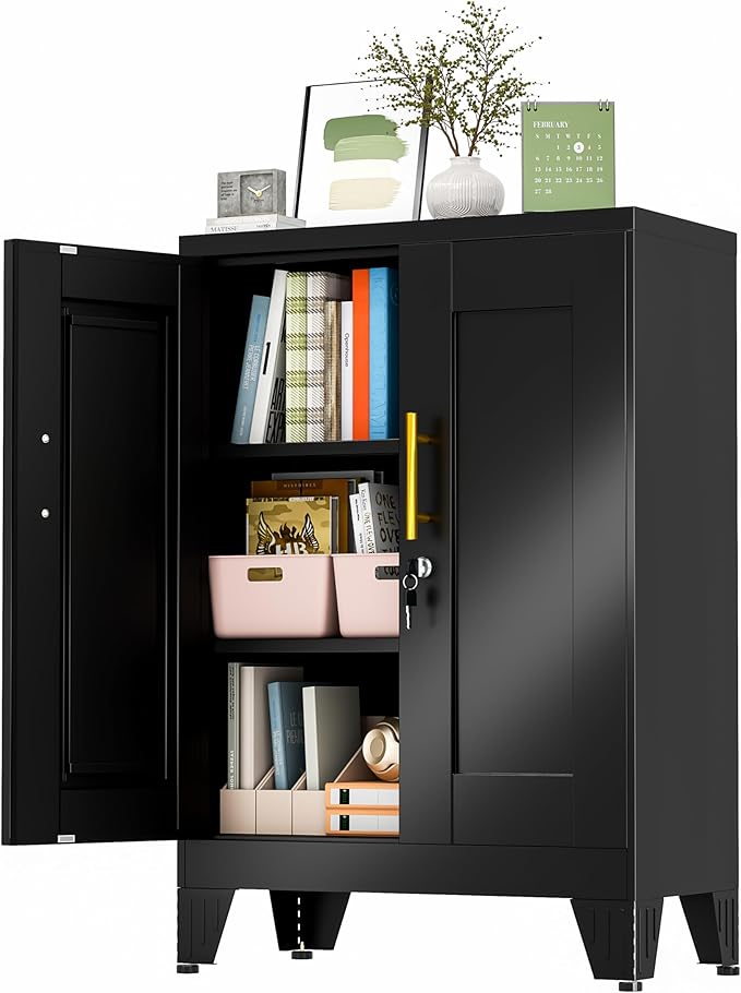 36" Black Metal Storage Cabinet with Lock, Locking Cabinet with 2 Doors and 2 Adjustable Shelves, Bathroom Floor Cabinets, Freestanding Locked File Cabinets for Home/Office/Garage