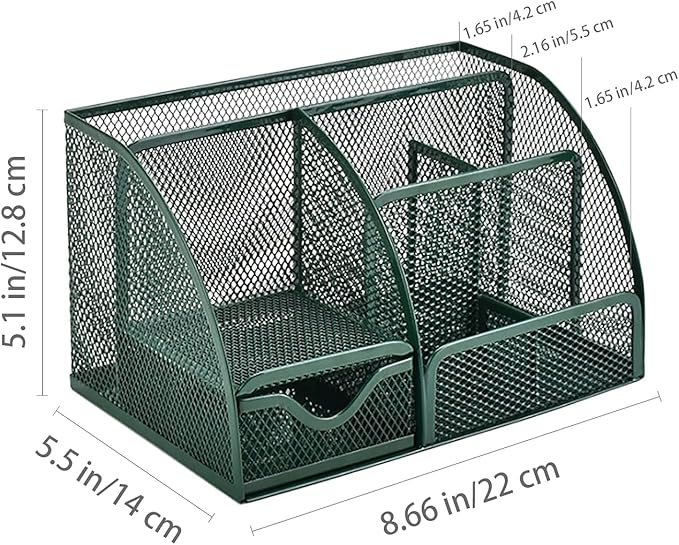 VANRA Office Supply Caddy Metal Mesh Desktop Supplies Organizer School Supply Holder Stuff Storage Organizer 6 Compartments with Drawer (Olive Green)