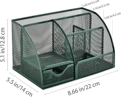 VANRA Office Supply Caddy Metal Mesh Desktop Supplies Organizer School Supply Holder Stuff Storage Organizer 6 Compartments with Drawer (Olive Green)
