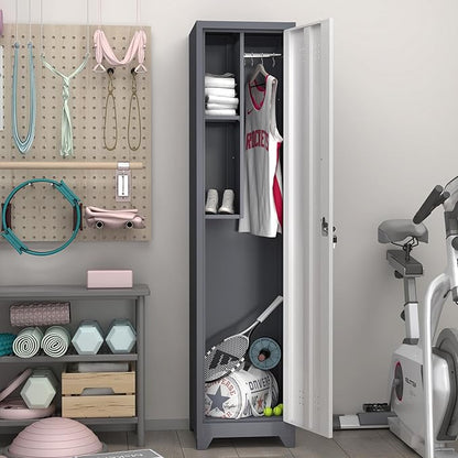 GREATMEET Slim Locking Metal Garage Storage Cabinet, 65" Lockable Utility Closet, Tall Steel Narrow Broom Closet Storage Cabinets with Door and Shelves for Laundry Room, Bathroom, White & Grey
