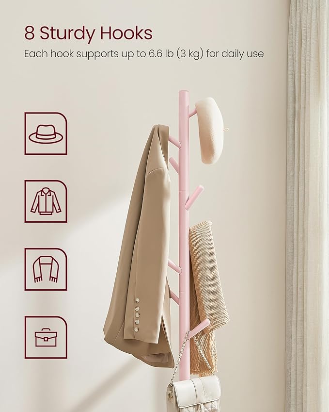 VASAGLE Solid Wood Coat Rack, Free Standing Tree-Shaped Coat Rack with 8 Hooks, 3 Height Options, for Clothes, Hats, Bags, Living Room, Bedroom, Home Office, Jelly Pink URCR004R01