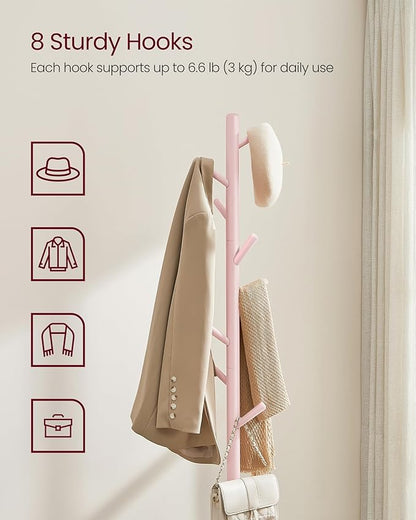 VASAGLE Solid Wood Coat Rack, Free Standing Tree-Shaped Coat Rack with 8 Hooks, 3 Height Options, for Clothes, Hats, Bags, Living Room, Bedroom, Home Office, Jelly Pink URCR004R01