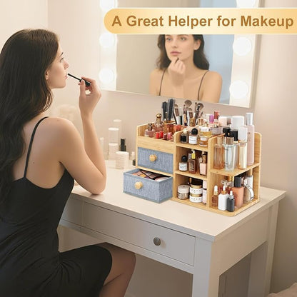 Large Makeup Organizer Countertop For Vanity Dresser, Bamboo Bathroom Counter Organizers And Storage,Cosmetic Skincare Perfume Organizer With 3 Makeup Brush Holder/2 Drawers/5 Shelves /8 Compartments