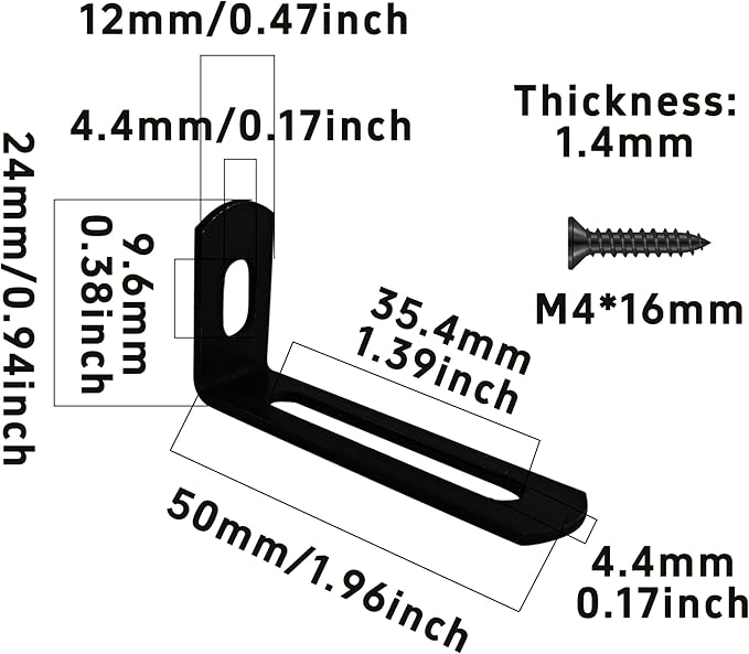 20Pcs 2"x1"x0.5"Adjustable Right Angle Brackets, Slotted L Bracket Metal 90 Degree Corner Fastener L-Shape Corner Brace Support Black Shelf Bracket