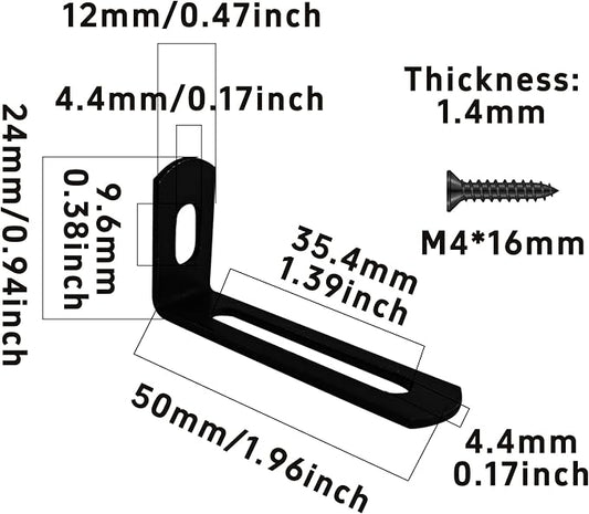 20Pcs 2"x1"x0.5"Adjustable Right Angle Brackets, Slotted L Bracket Metal 90 Degree Corner Fastener L-Shape Corner Brace Support Black Shelf Bracket