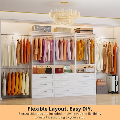 Closet System with 3 Sets, 6FT-15FT Customizable Closet Organizer System with 9 Drawers & 3 Shelves & 6 Hanging Rods, Modular L-Shaped Walk-in Closet or Freestanding Tower Closet Storage System, White