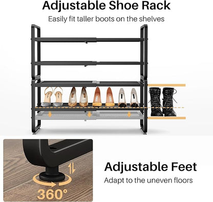 Shoe Rack - Expandable Shoe Organizer for Closet, Adjustable Metal Shoe Shelf Storage, Stackable Long Shoe Stand Holder for Garage, Entryway, Door Entrance (Black, 4-Tier)