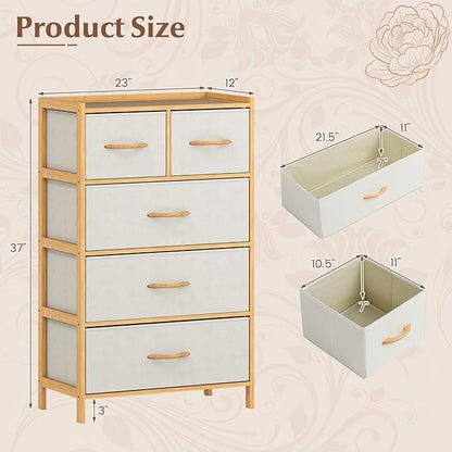 Giantex 5-Drawer Dresser for Bedroom, Bamboo Storage Tower with 5 Foldable Fabric Drawers & Top Shelf, Modern Chest of Drawers, Tall Vertical Organizer Unit for Closet, Living Room, Hallway, Natural