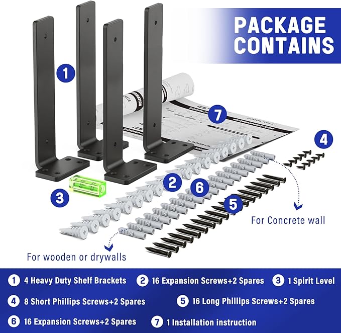 Goovilla Shelf Bracket, Heavy Duty Floating Shelf Brackets 10 inch Long, 4 Pack Brackets for Shelves, Black Coated Metal Wall Shelf Support Brackets with 1/5 Inch Thick and 160 lb. Load Capacity