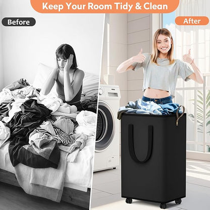 Laundry Basket with Wheels, Collapsible Laundry Baskets, Laundry Hamper with Handles Detachable Wheels, Rolling Laundry Basket, Dirty Clothes Hamper for Bathroom, Dorm, Bedroom, Black, 80L