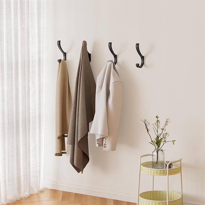 Coat Hooks for Hanging Heavy Duty - Extra Large (5.4 inch) Wall Mount Hooks for Backpacks, Purses, Clothes, Towels, Bags - Black Metal Screw-in Hooks for Mudroom, Closet, Door, Bathroom - 4 Pack