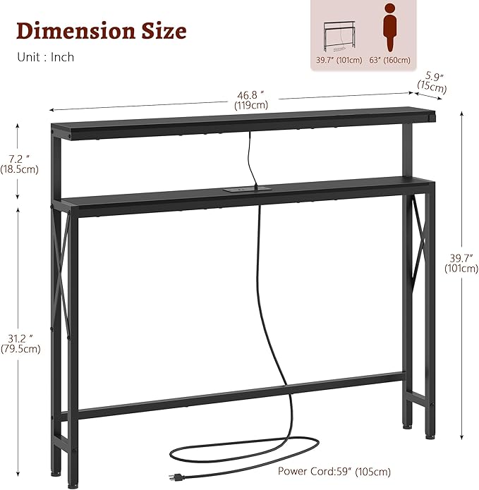 FAVOOSTY 46.8" Skinny Console Table with Charging Station and LED Light,5.9" Narrow Sofa Table with Power Outlets and Type C & USB Port, Behind Couch Table for Living Room, Hallway, EntryWay, Black