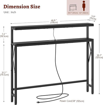 FAVOOSTY 46.8" Skinny Console Table with Charging Station and LED Light,5.9" Narrow Sofa Table with Power Outlets and Type C & USB Port, Behind Couch Table for Living Room, Hallway, EntryWay, Black